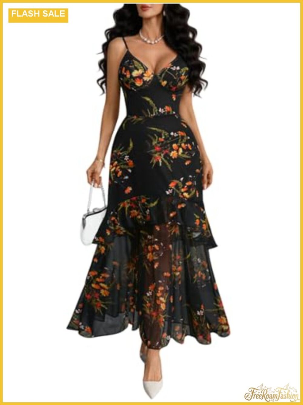Womens Floral Mesh V Neck Spaghetti Strap Ruffle Long Party Dress